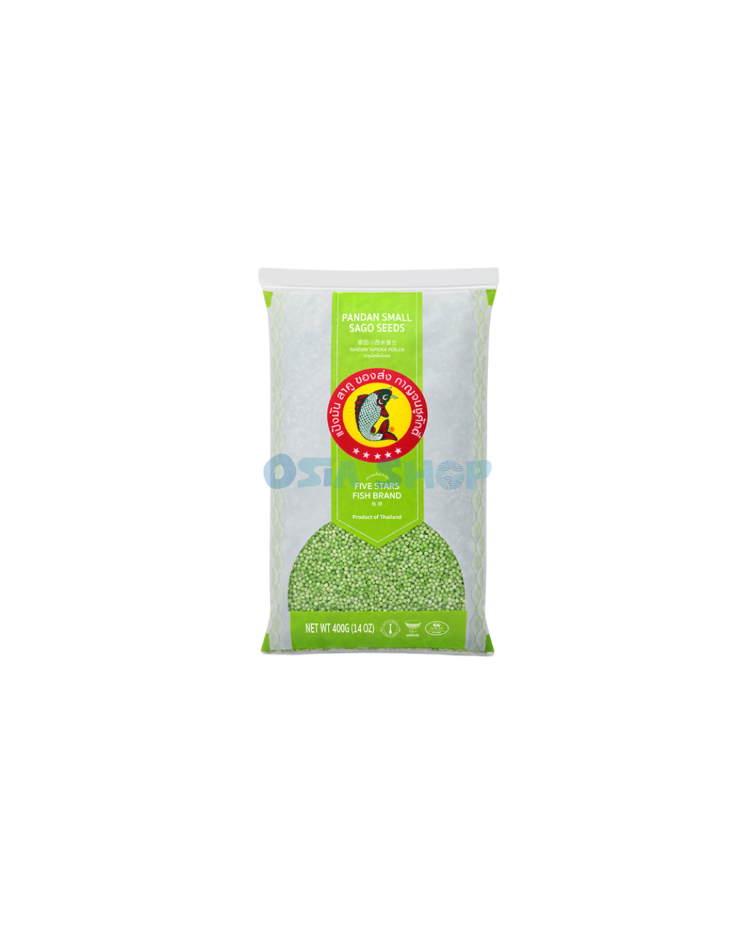 FIVE STARS FISH BRAND Kleine Pandan-Sago-Perlen 400 G สาคูเม็ดเล็ก กลิ่นใบเตย ตราปลาไทย 5 ดาว
