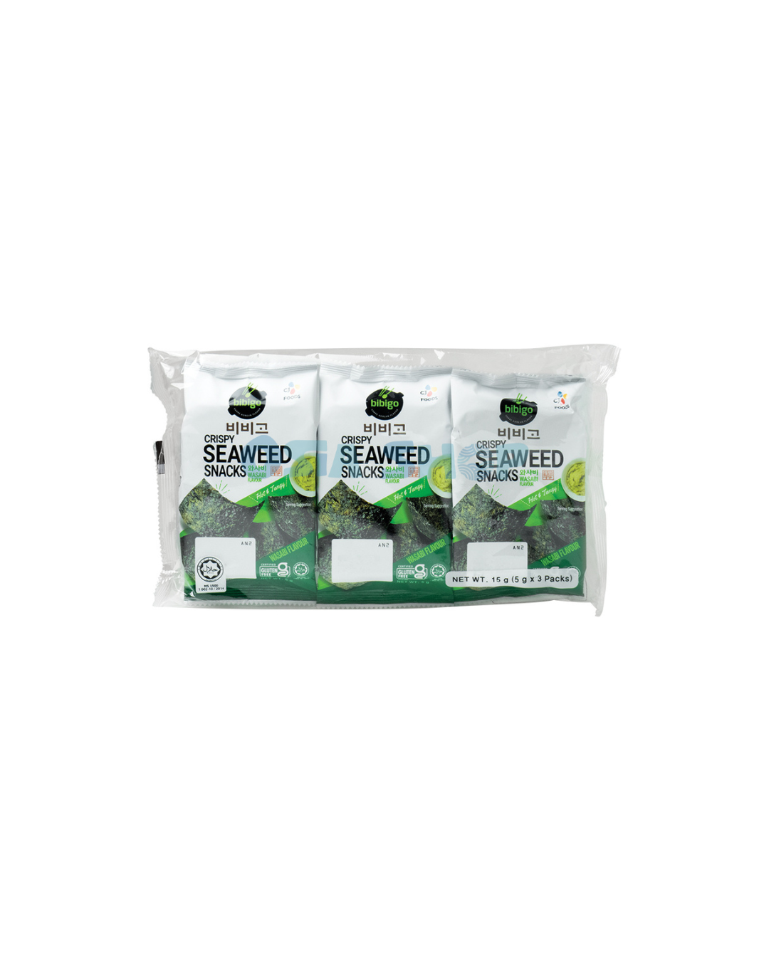 BIBIGO Seetang-Snack (Wasabi Geschmack) 15G (3x5g) สาหร่ายทอดกรอบรสวาซาบิ